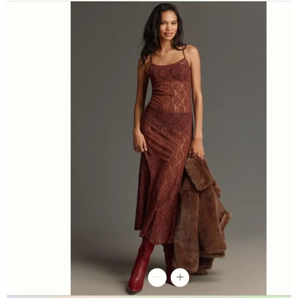 Anthropologie Brown Lace Slip Maxi Dress M NWT Boho Fall Romantic Unlined - Picture 2 of 9